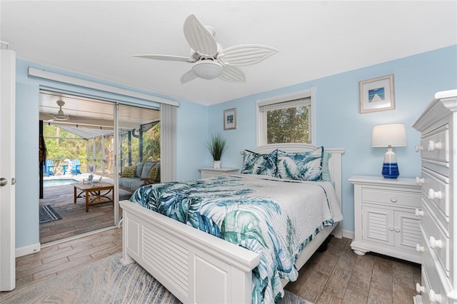 bedroom with hardwood / wood-style flooring, access to outside, and ceiling fan