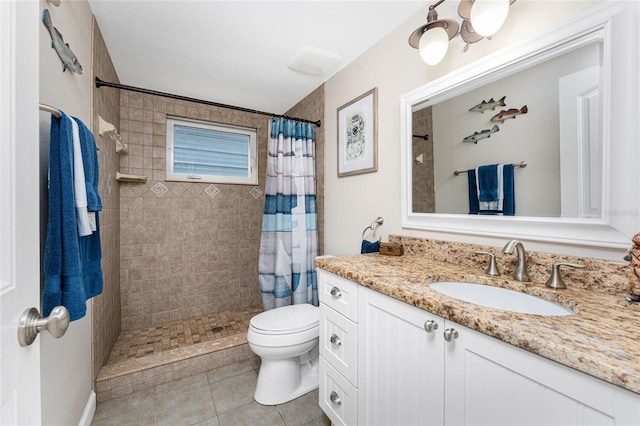 bathroom with walk in shower, vanity, toilet, and tile patterned flooring