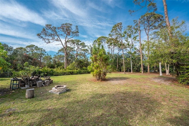 view of yard featuring an outdoor fire pit