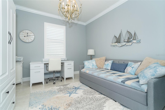 tiled home office with crown molding and a chandelier