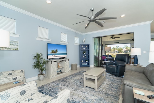 living room with crown molding, ceiling fan, and tile patterned flooring