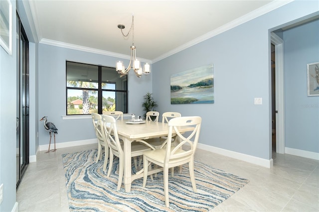 dining room with an inviting chandelier and ornamental molding