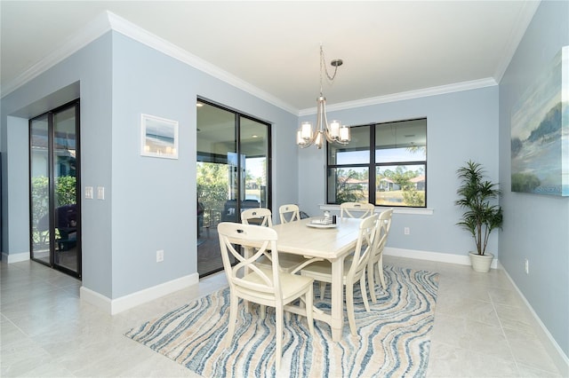 tiled dining space with ornamental molding and a notable chandelier