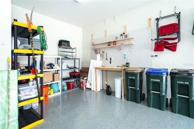 garage with a workshop area