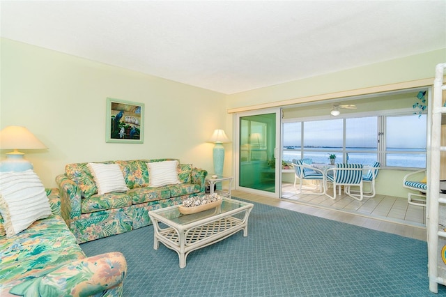 living room featuring wood-type flooring and a water view