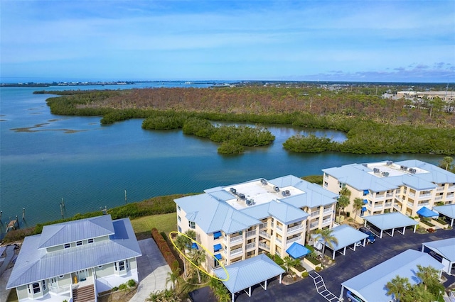 aerial view featuring a water view