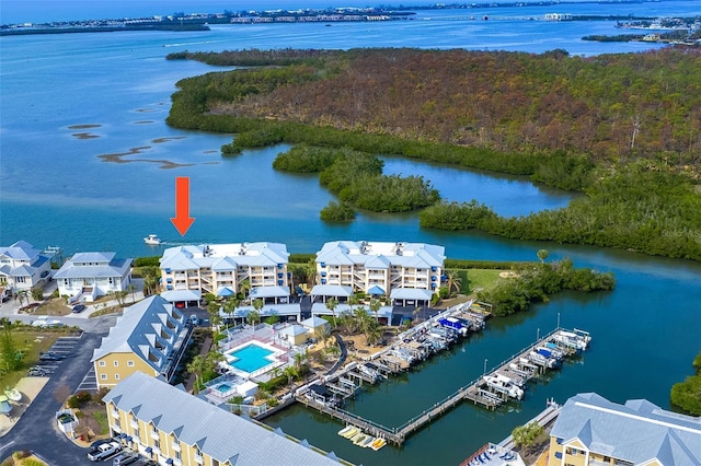 aerial view featuring a water view