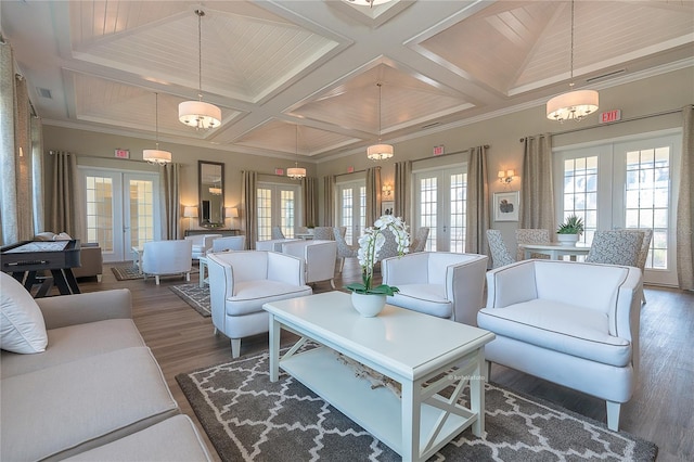 interior space featuring coffered ceiling, dark hardwood / wood-style floors, and french doors