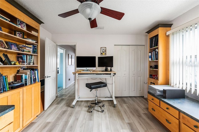 office space with light hardwood / wood-style floors, plenty of natural light, and a textured ceiling