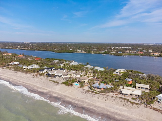 aerial view featuring a beach view and a water view