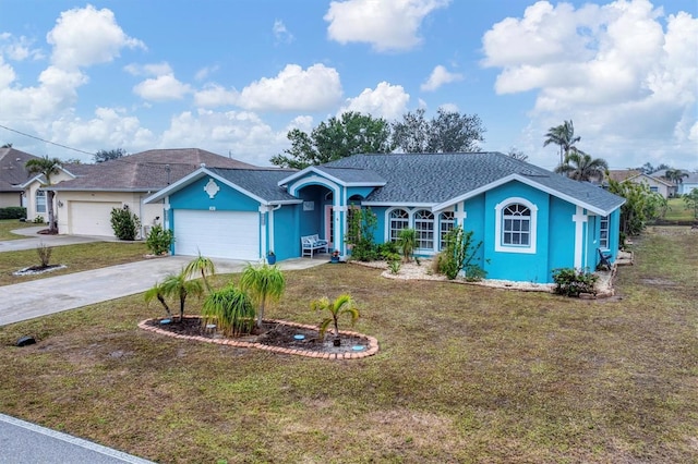 single story home with a garage and a front lawn