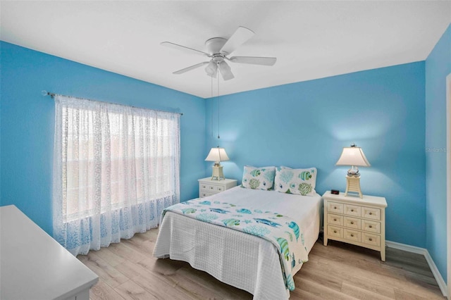 bedroom with ceiling fan and light wood-type flooring