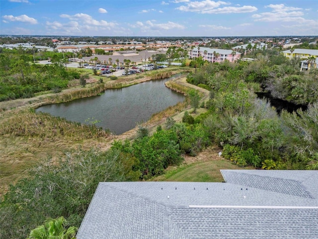 drone / aerial view featuring a water view