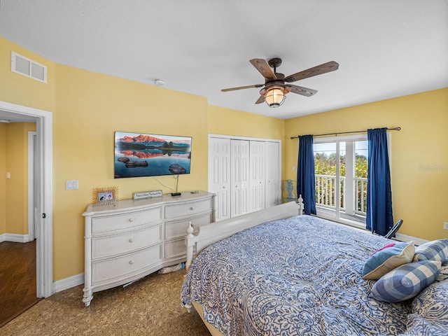 bedroom featuring ceiling fan and a closet