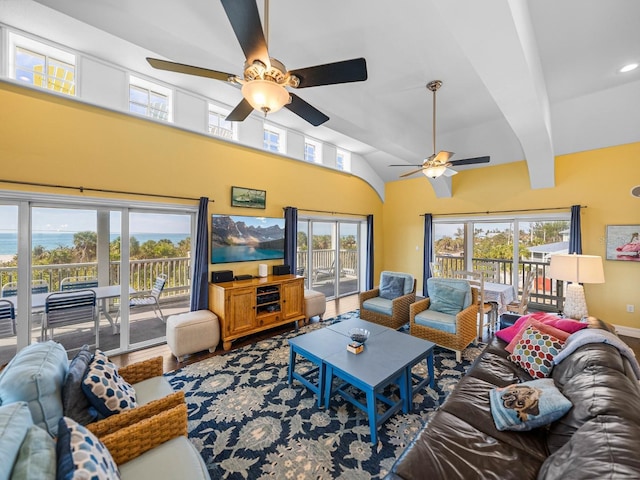 living room featuring lofted ceiling