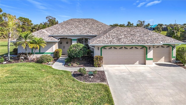 ranch-style house featuring a shingled roof, a front yard, stucco siding, a garage, and driveway