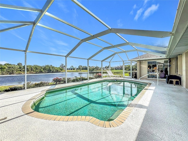 view of swimming pool with a patio area, a lanai, and a water view