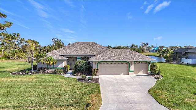 view of front of home with a garage, a water view, and a front lawn