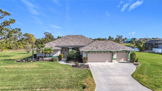 view of front facade featuring driveway, a shingled roof, stucco siding, a front lawn, and a garage