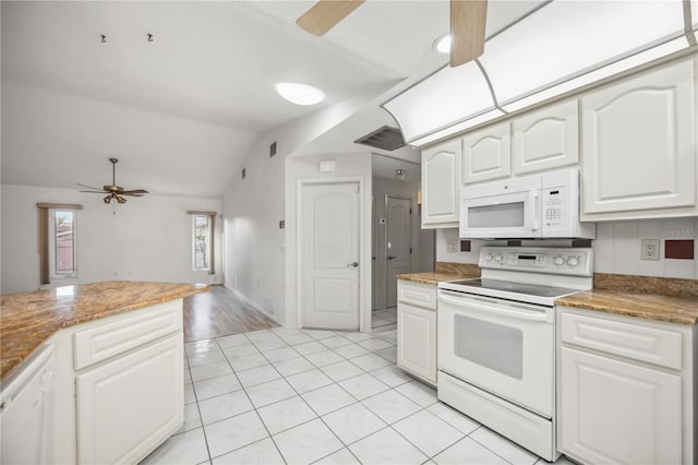 kitchen featuring light tile patterned flooring, white appliances, white cabinets, ceiling fan, and backsplash