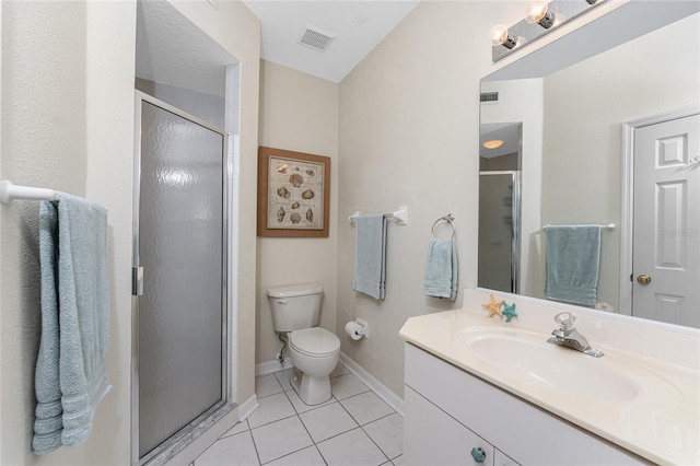 bathroom featuring a textured ceiling, tile patterned floors, vanity, toilet, and a shower with shower door