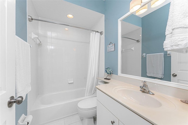 full bathroom with tile patterned floors, toilet, vanity, and shower / bathtub combination with curtain