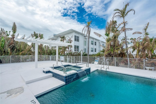 view of pool featuring a patio area, a community hot tub, pool water feature, and a pergola