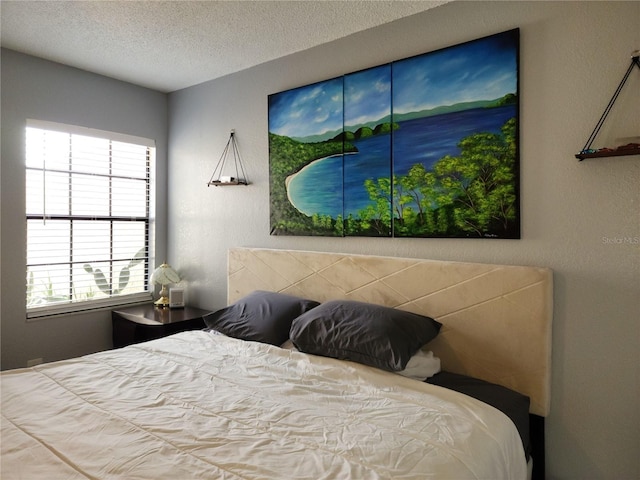 bedroom with a textured ceiling and multiple windows