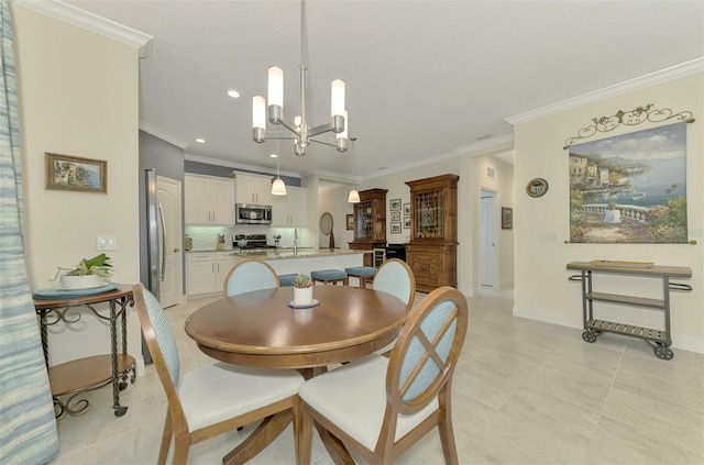 dining area featuring light tile patterned flooring, an inviting chandelier, and ornamental molding