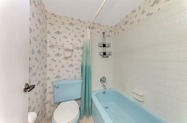 bathroom with shower / bathtub combination with curtain, a textured ceiling, and toilet