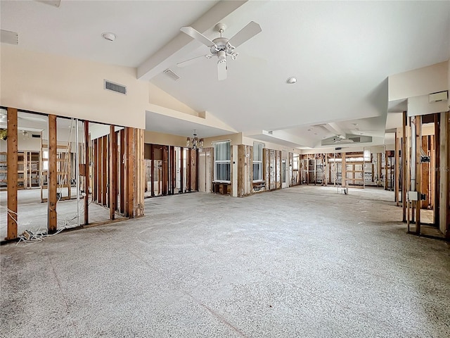 unfurnished room with ceiling fan and vaulted ceiling with beams