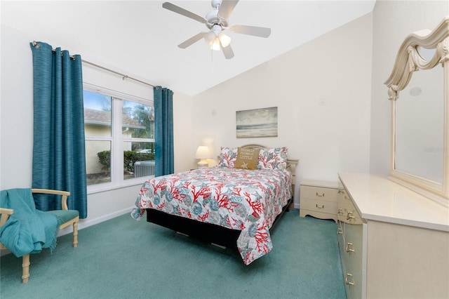 carpeted bedroom with lofted ceiling and ceiling fan