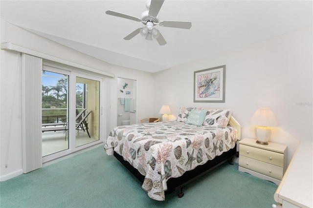 carpeted bedroom with access to outside and ceiling fan