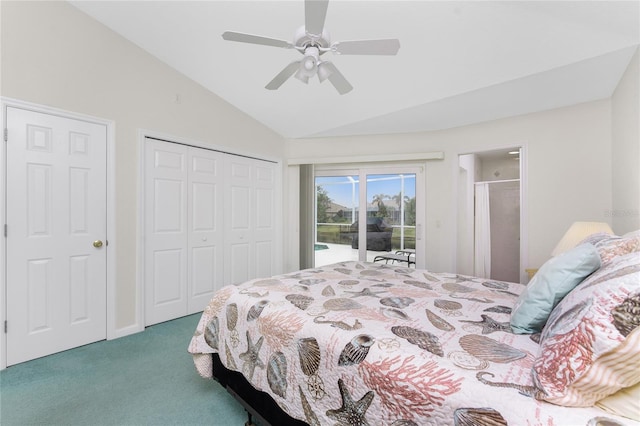 carpeted bedroom featuring ceiling fan, vaulted ceiling, and access to outside