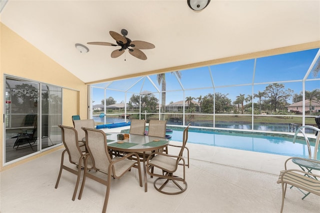 exterior space featuring ceiling fan, a patio, and glass enclosure