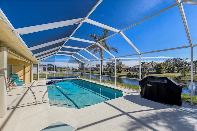 view of swimming pool with a water view, a patio, a lanai, and a grill