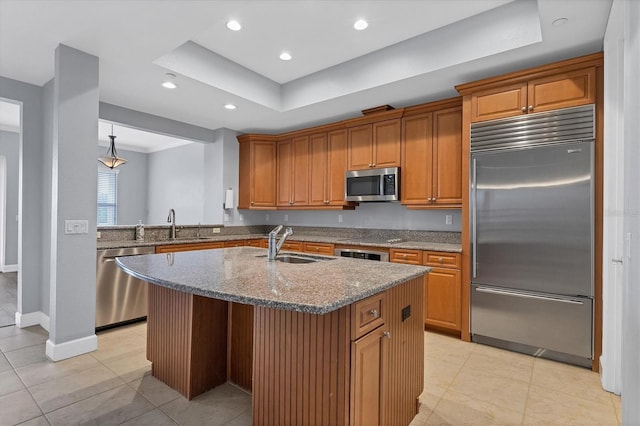 kitchen with a kitchen island with sink, sink, a tray ceiling, and appliances with stainless steel finishes