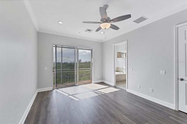 unfurnished bedroom with crown molding, dark wood-type flooring, ceiling fan, connected bathroom, and access to outside