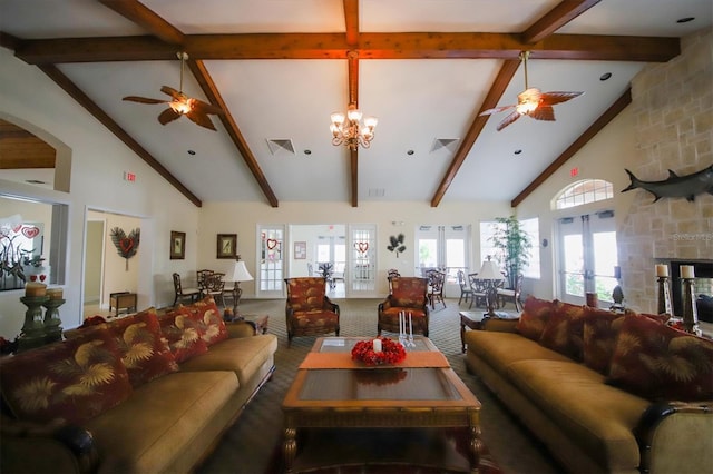 interior space with high vaulted ceiling, a fireplace, carpet floors, beam ceiling, and french doors