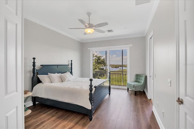 10360 Longshore Rd Unit 66, Placida, FL 33946 - bedroom featuring access to exterior, wood finished floors, ornamental molding, and a ceiling fan