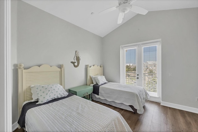 10360 Longshore Rd Unit 66, Placida, FL 33946 - bedroom with access to outside, wood finished floors, a ceiling fan, and high vaulted ceiling
