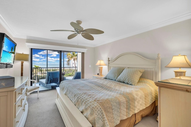 carpeted bedroom with ceiling fan, access to outside, and ornamental molding