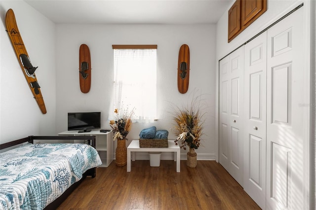 bedroom featuring a closet and dark hardwood / wood-style flooring