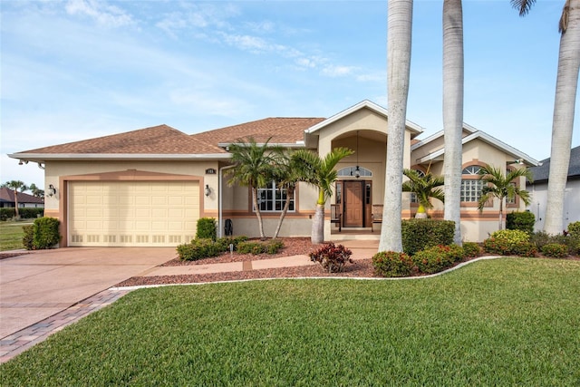 view of front facade with a garage and a front lawn