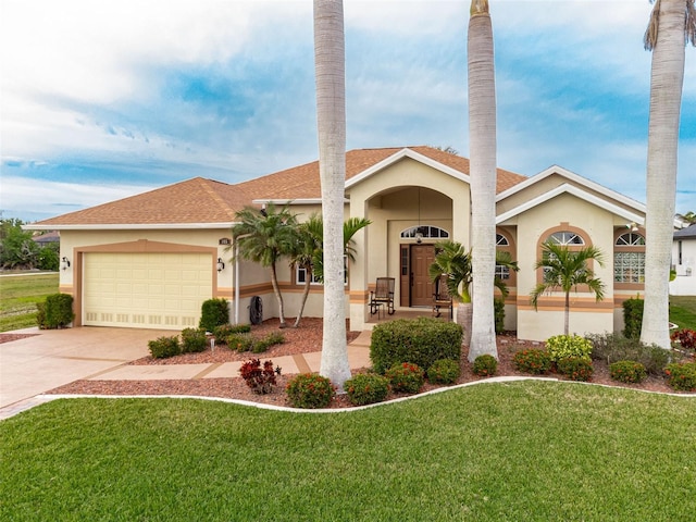 view of front of house featuring a garage and a front lawn