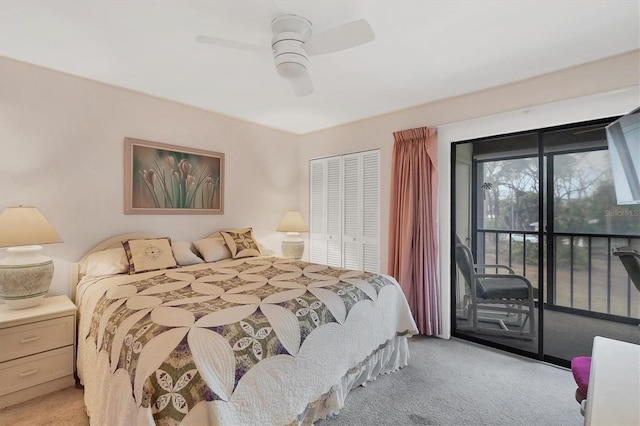 bedroom featuring ceiling fan, access to exterior, light colored carpet, and a closet