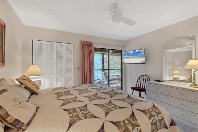 bedroom featuring access to exterior, a closet, and ceiling fan