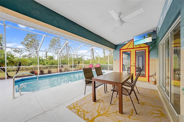 view of pool featuring a patio, french doors, and a lanai