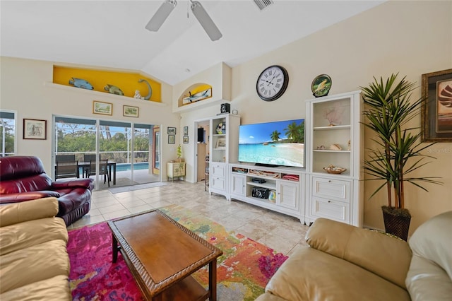 living room with ceiling fan, light tile patterned flooring, and high vaulted ceiling