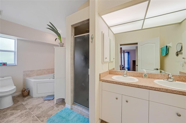 full bathroom featuring tile patterned floors, toilet, vanity, and shower with separate bathtub